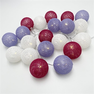 LED lyskaede med bomuldskugler i bordeaux, lilla og hvid – 1,5 m, 3 m